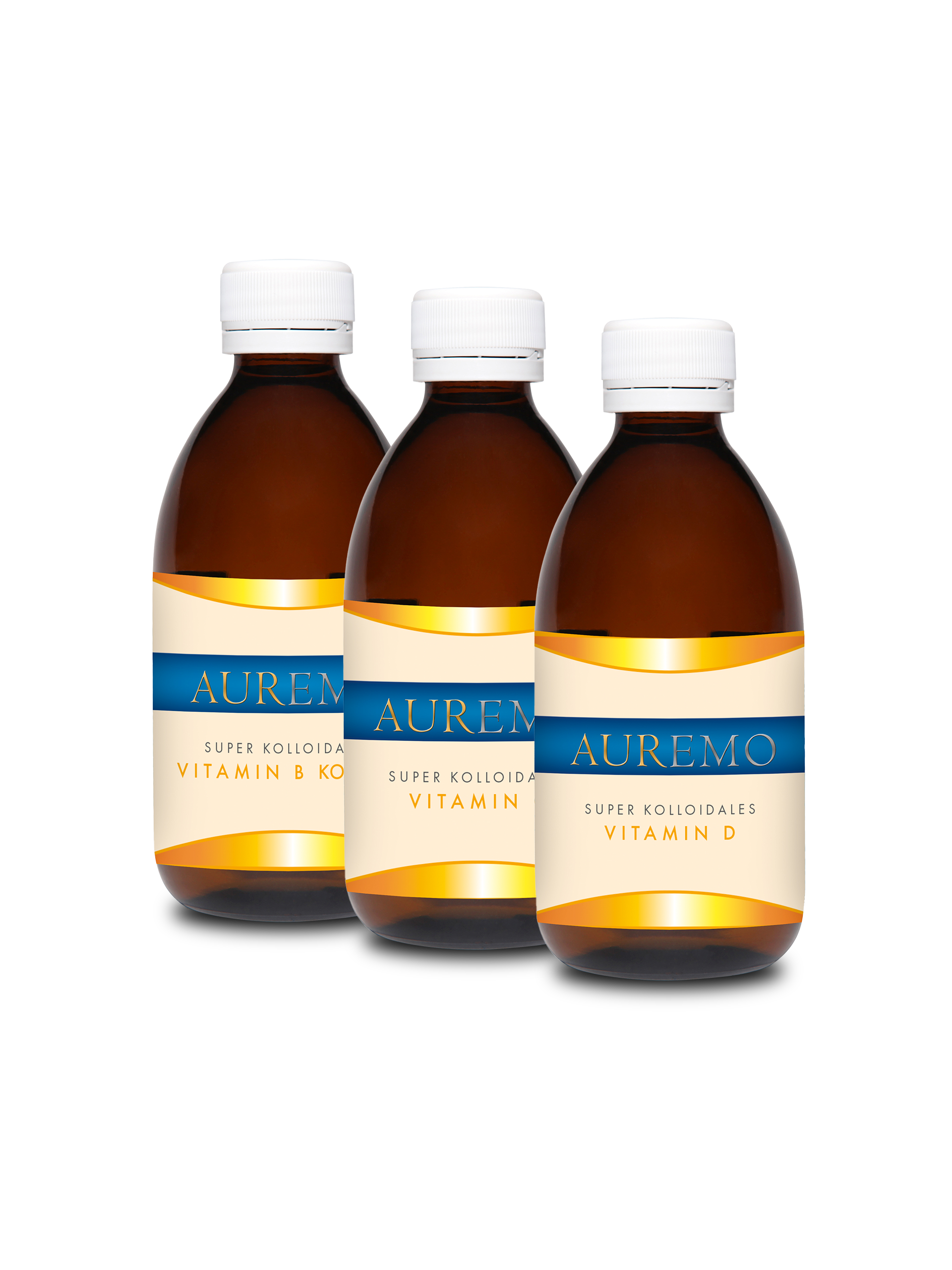 Produktbild - 4 Auremo Vitamin Flaschen hintereinander versetzt
